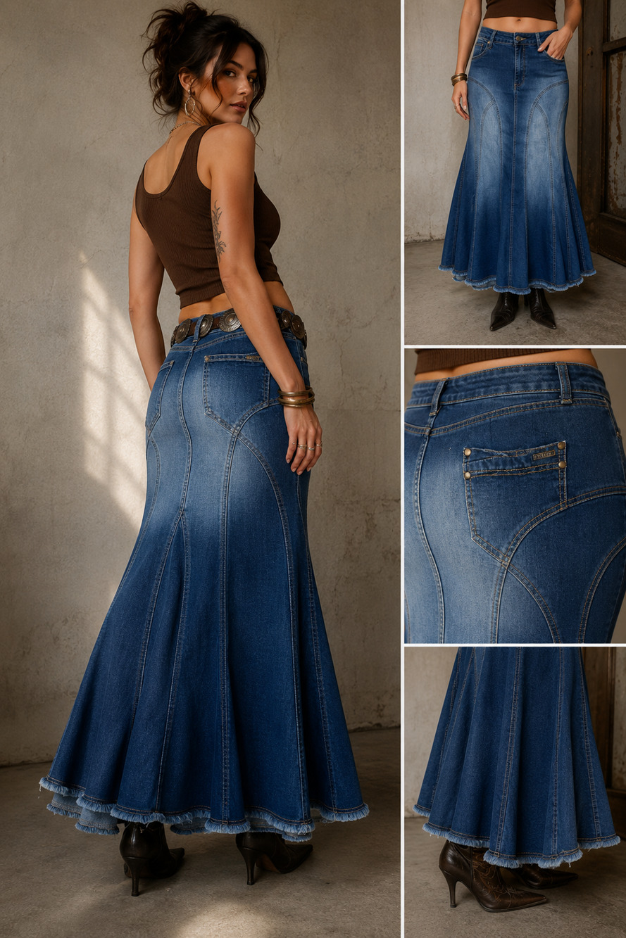 Y2K Esteez Sz 16 Denim Mermaid Skirt Stretch Fishtail Flared Panel Midi Maxi